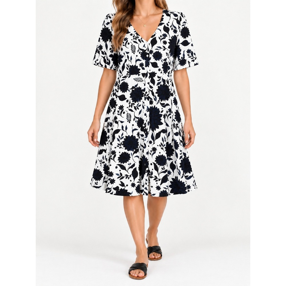Ava & Viv Floral Rayon Midi Dress Plus 2X Black White Faux Button Cottagecore